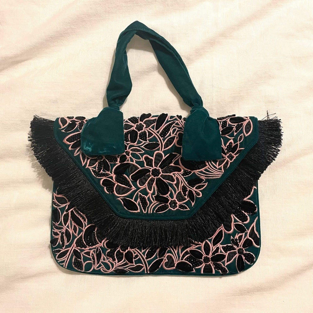 Anthropologie Emerald Green velvet beaded purse